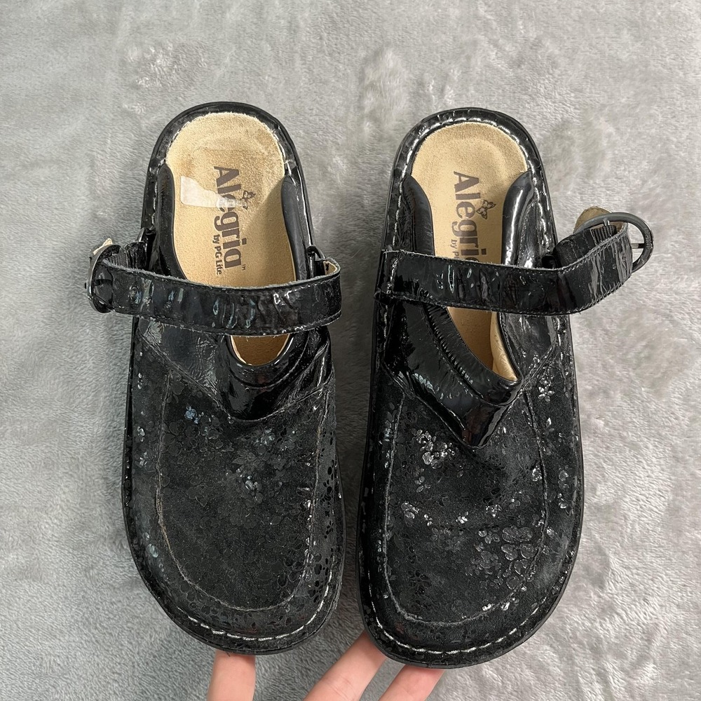 Alegria Seville Clog Shoes Womens Size 7 Black Floral Leather Comfort SEV-521